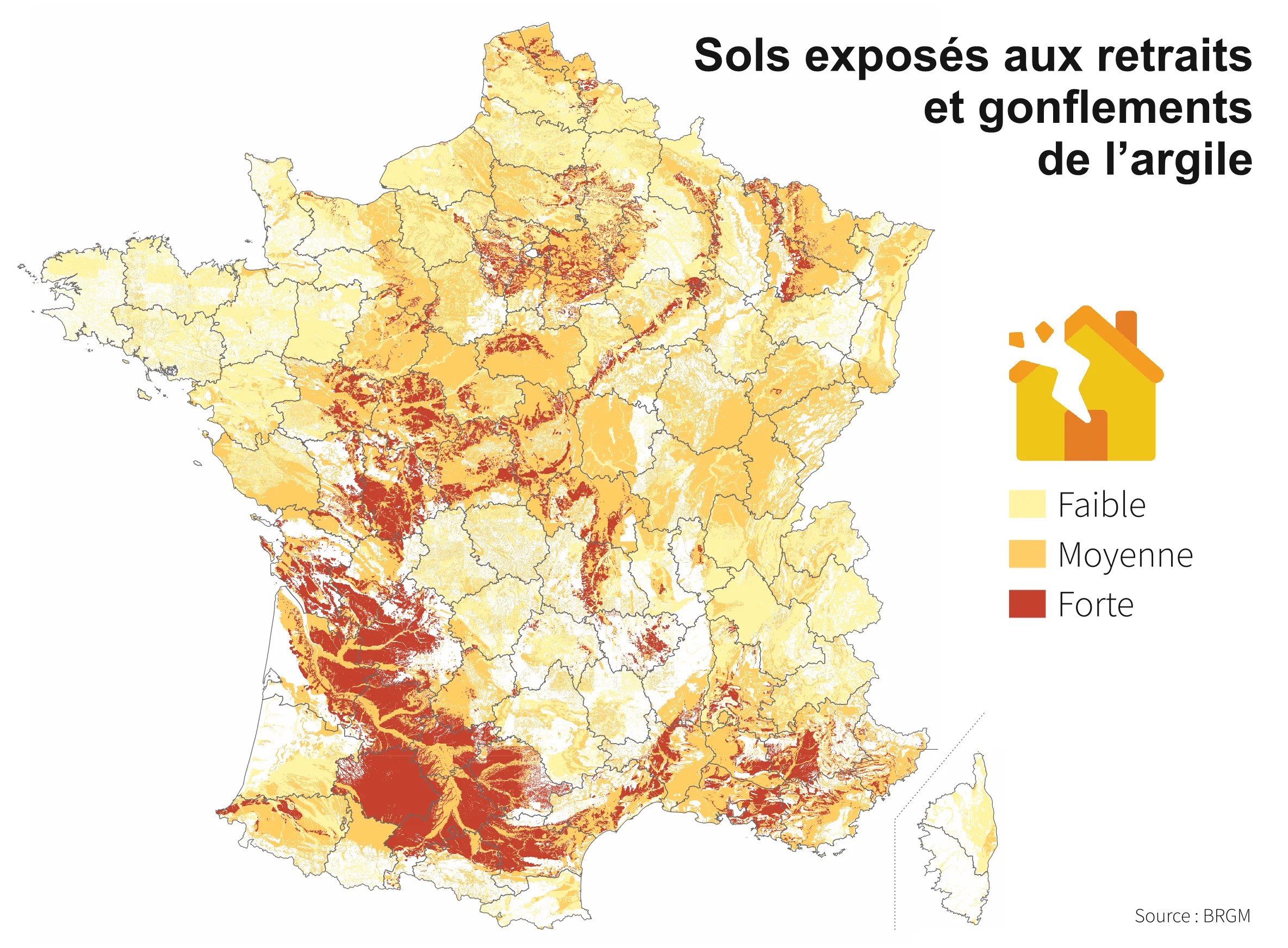 Carte nationale du retrait-gonflement des argiles en France - zones à risque RGA du BRGM