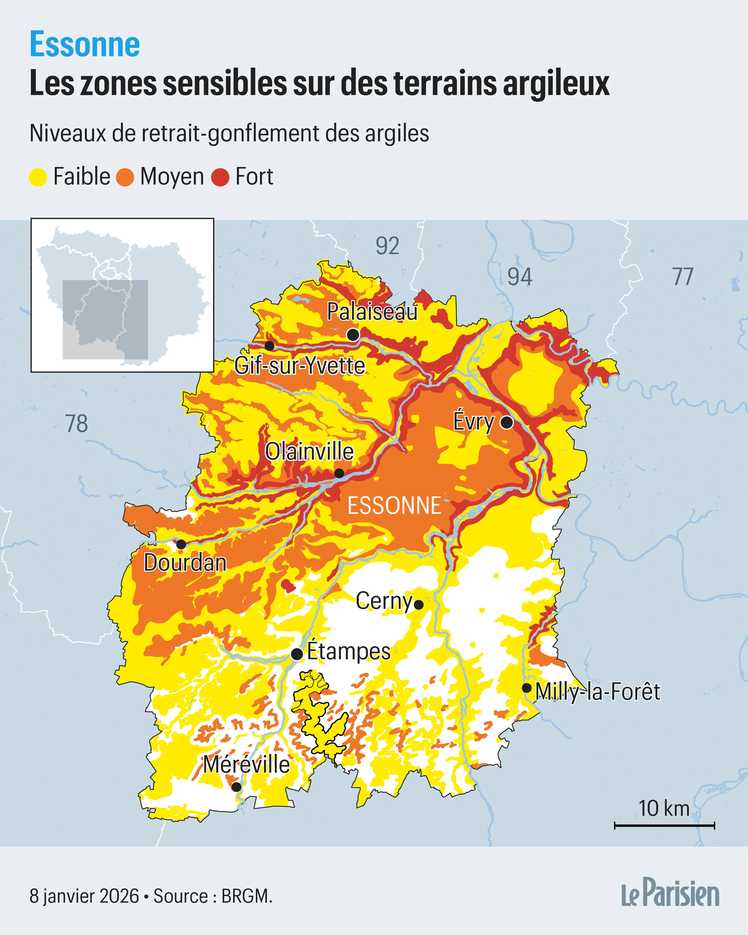 Carte du risque RGA (retrait-gonflement des argiles) en Essonne - zones d'aléa faible, moyen et fort