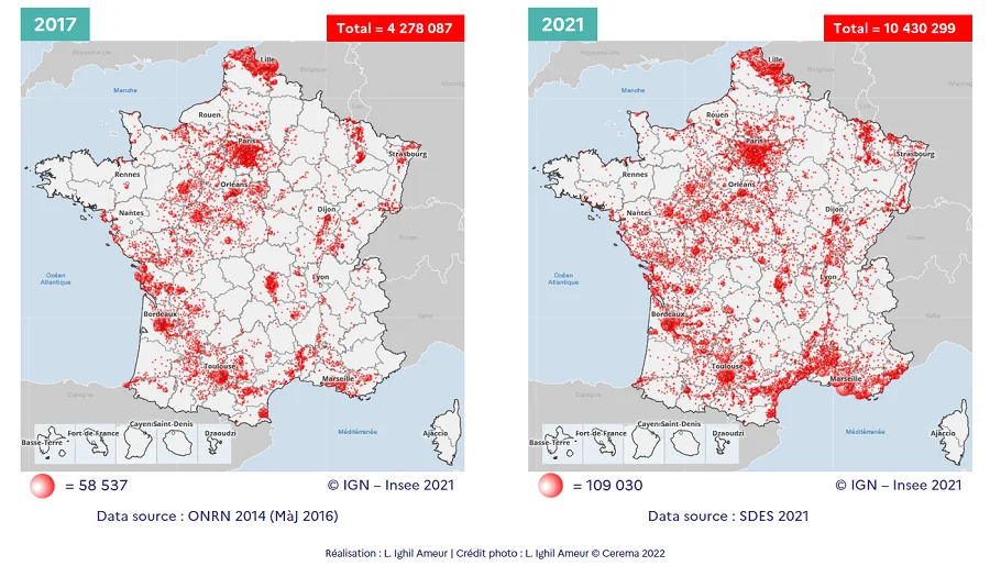 Évolution du retrait-gonflement des argiles en France entre 2017 et 2021 - changements cartographie RGA