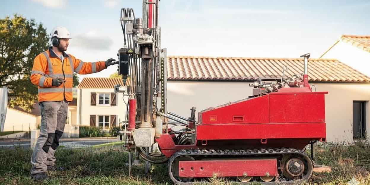 Expert géotechnicien en action avec équipement de mesure sur terrain argileux