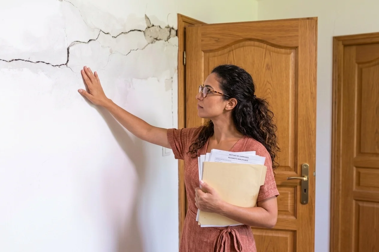 Propriétaire consultant son dossier de fissures — seulement 1 sinistré sur 4 indemnisé en CatNat sécheresse