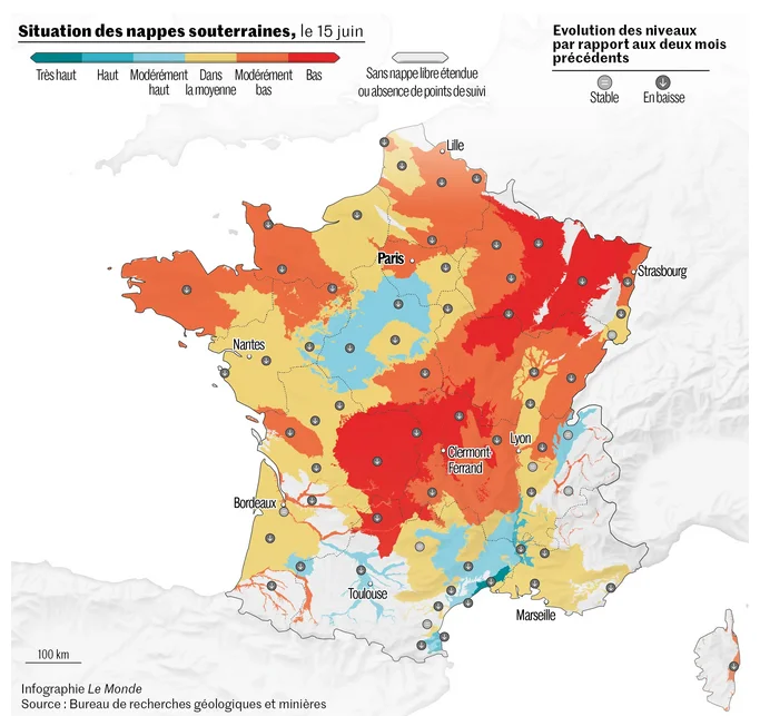 Carte de la sécheresse en France — indices d'humidité des sols, été 2026